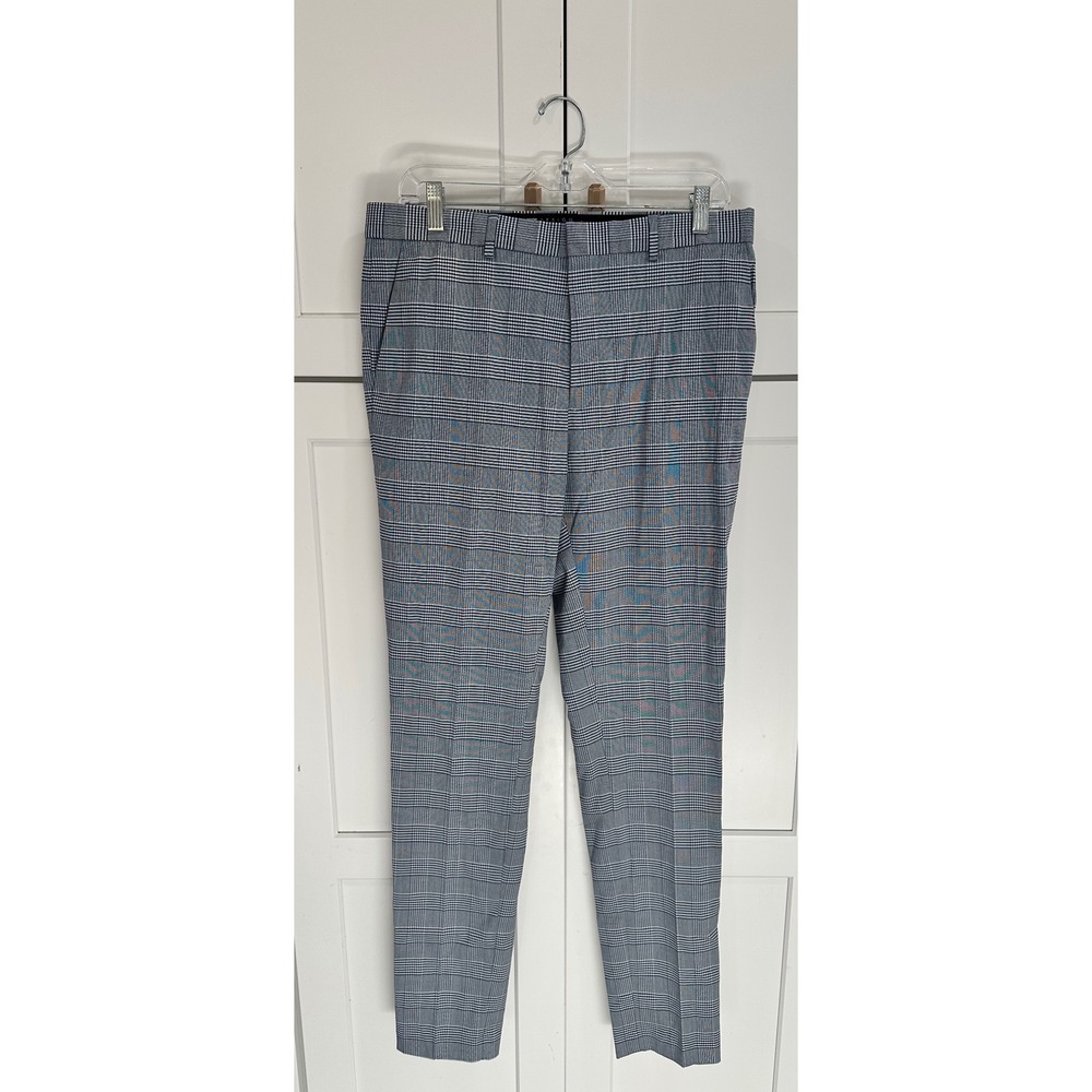 ASOS DESIGN Glen Plaid Dress Pants Slim Fit‎ Flat Front Blue White Gray W33 L34
